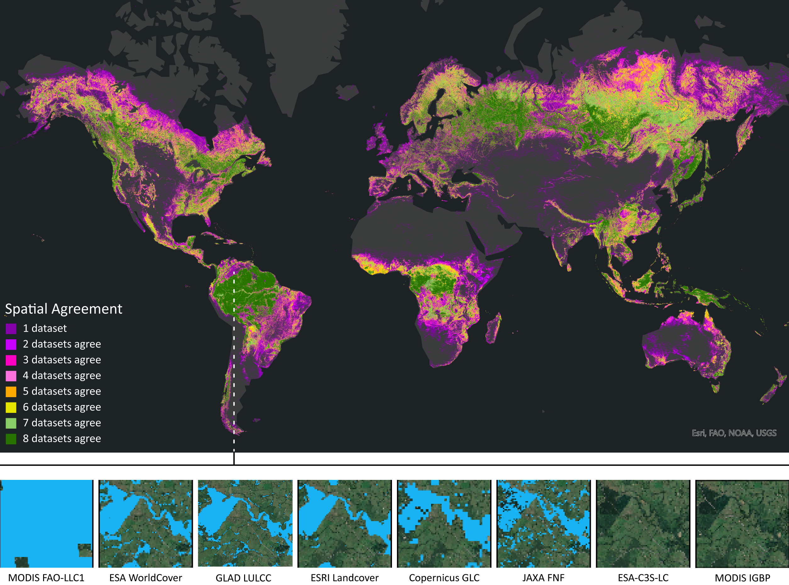 Spatial congruence map of eight global forest cover datasets (heatmap 1-8 of spatial agreement). Parts of the Amazon, central Africa, Canada, and Asia have relatively high agreement. Regions with sparser tree cover have relatively low agreement.